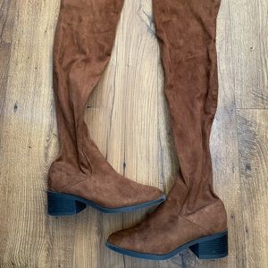 Brown faux suede thigh high boots